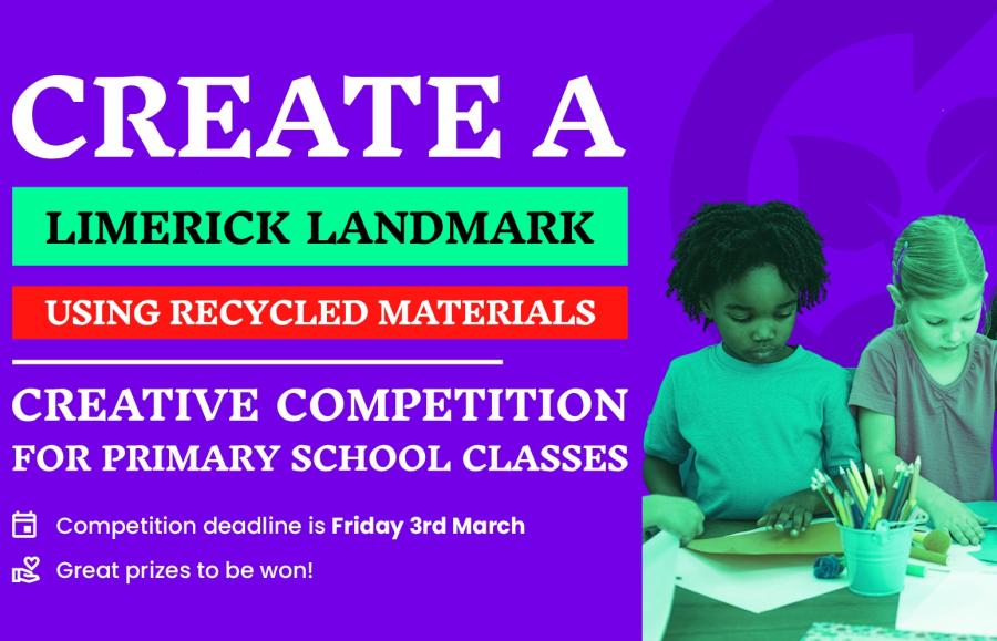 This graphic showcases a group of primary school students doing some arts and crafts and includes details of TLC8's Limerick Landmark's competition